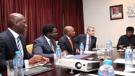 L-R: Kabelo Makwane, managing director, Microsoft Nigeria; Burak Gokmen, vice president, Microsoft Middle East and Africa, Sales, Marketing, and Services Group, exchanging handshake with Prof. Yemi Osinbajo, Vice President, Federal Republic of Nigeria during a courtesy visit to the Aso Villa, on Tuesday.